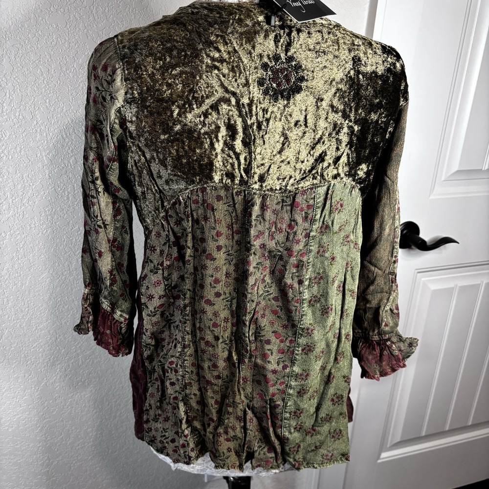 Boho Velvet Patchwork V-Neck Blouse in Olive & Burgundy - Picture 7 of 16
